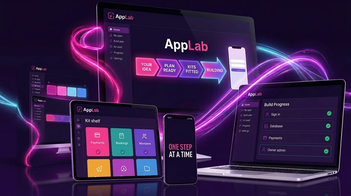 AppLab shown across desktop, laptop, tablet and phone, turning an idea into a build plan with kits, payments and owner controls